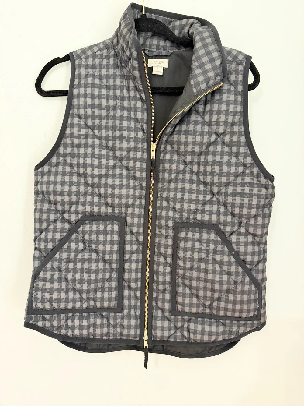 J.Crew Vest Womens small Down Quilted Black Plaid Casual Full Zip